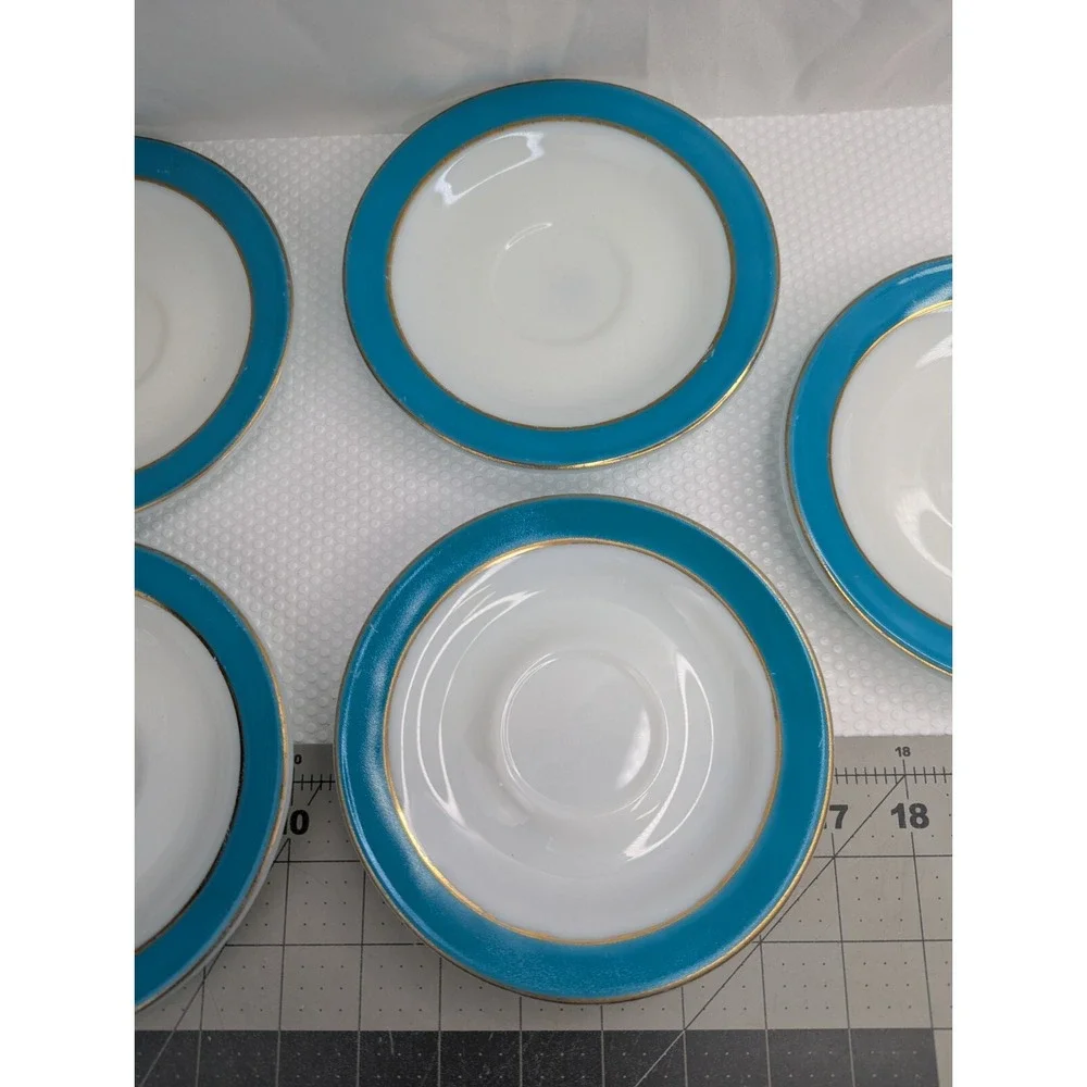 Pyrex Teal Blue Gold Stripe Plate Saucer 6.25 Inch Lot‎ of 5